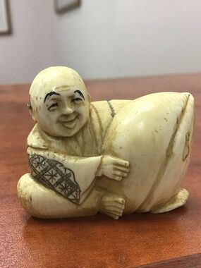 Vintage Japanese Netsuke Smiling Monk Treasure (Signed)